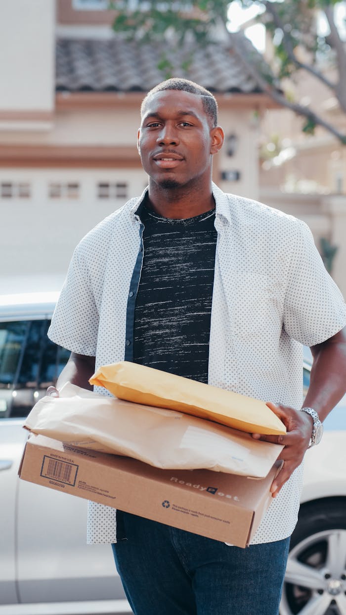 about-01 A deliveryman carrying packages outside, showcasing modern online shopping convenience.